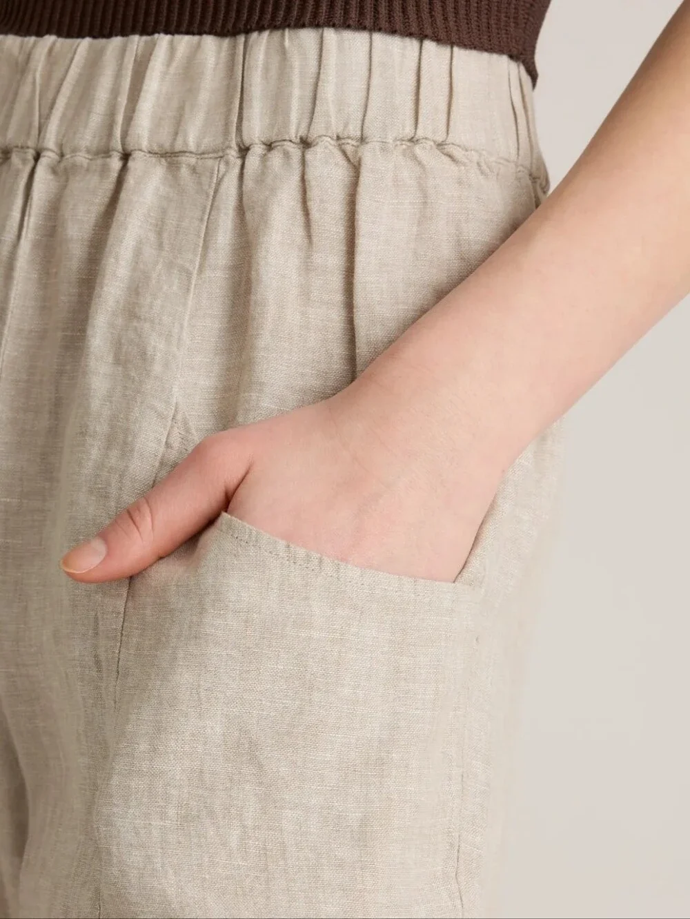 QUINCE 100% EUROPEAN LINEN TAPERED ANKLE PANTS SAND SIZE L